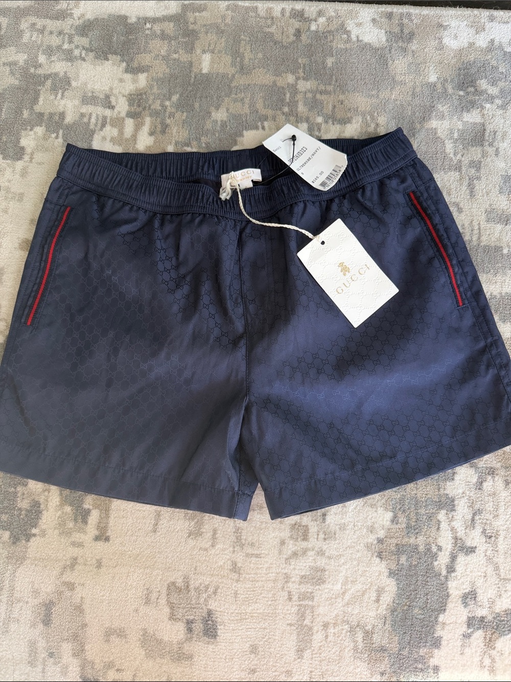 Gucci Navy Logo Jacquard Swim Shorts with Red Trim, size 8